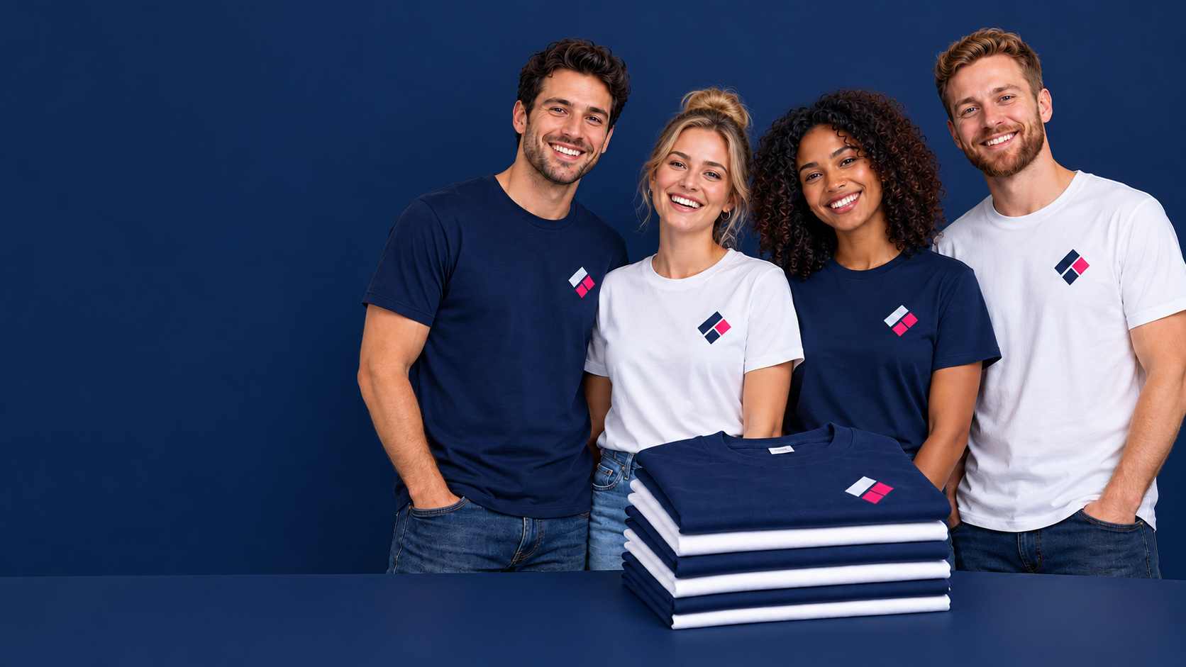 Four people wearing matching navy and white branded T-shirts beside a folded stack