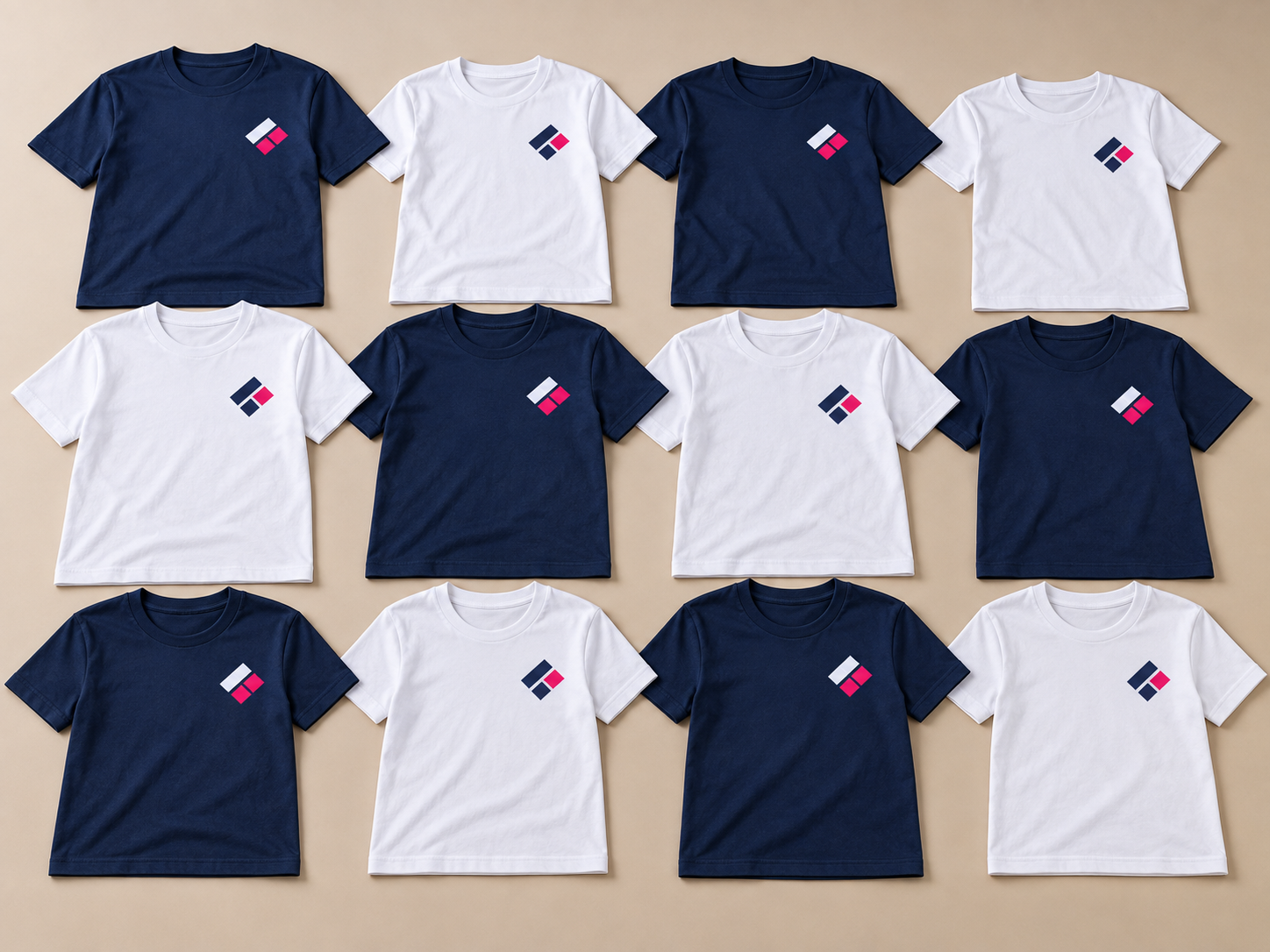 Twelve navy and white branded T-shirts arranged in rows