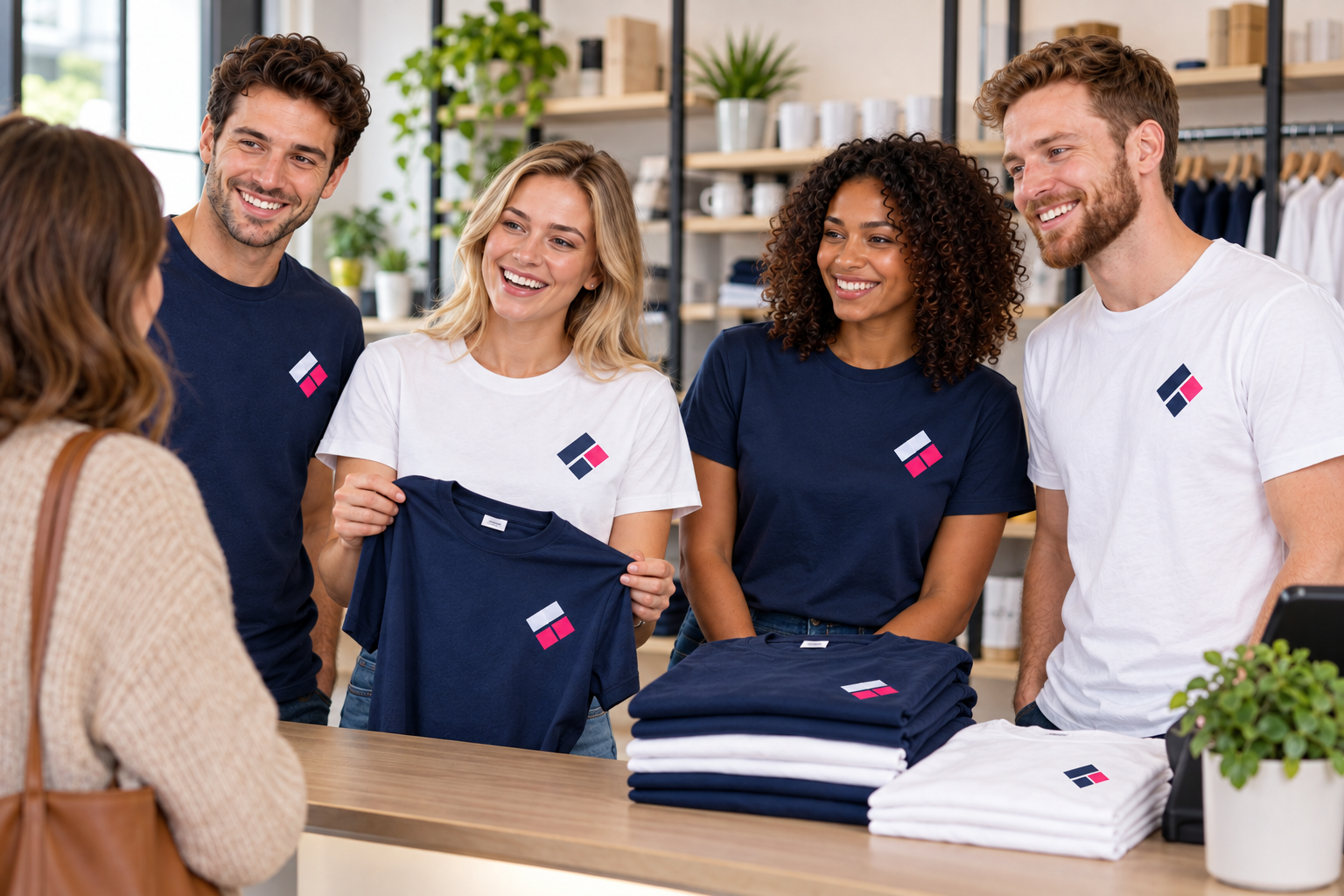 Customer discussing a branded T-shirt order with staff at a clothing counter