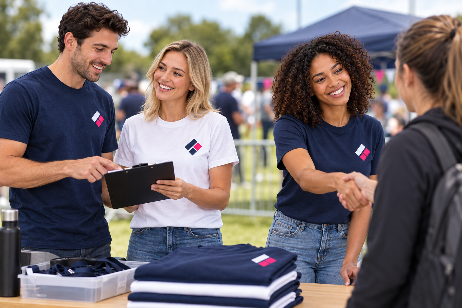 Event staff in matching branded T-shirts greeting an organiser outdoors