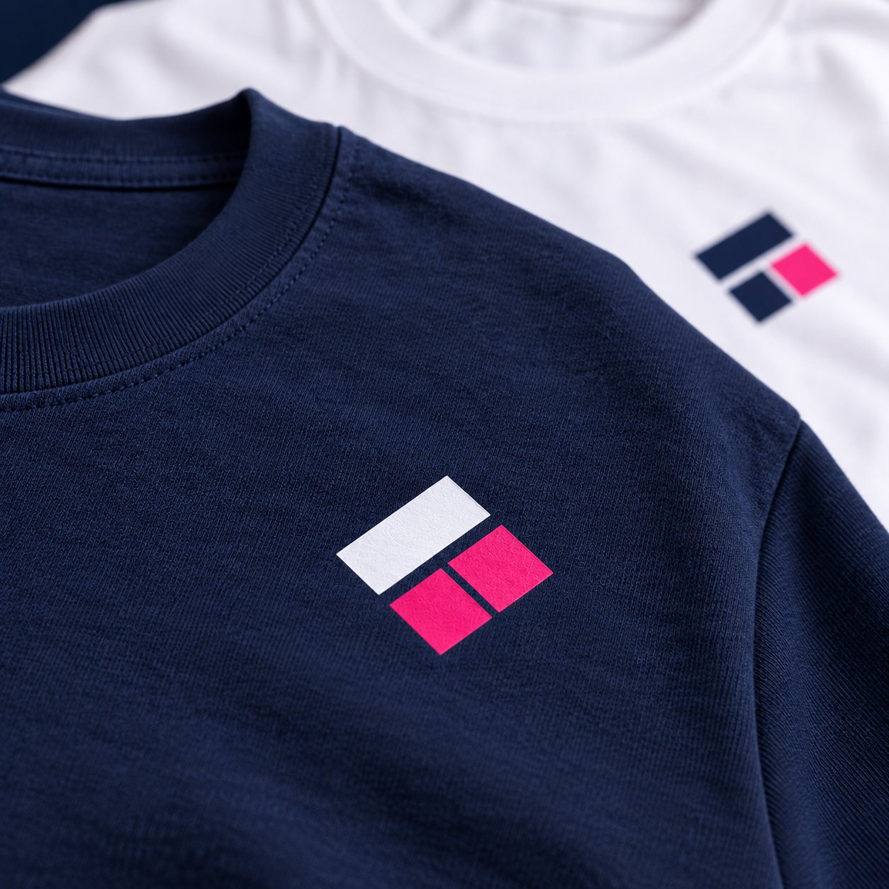 Close-up of the same printed logo on navy and white T-shirts