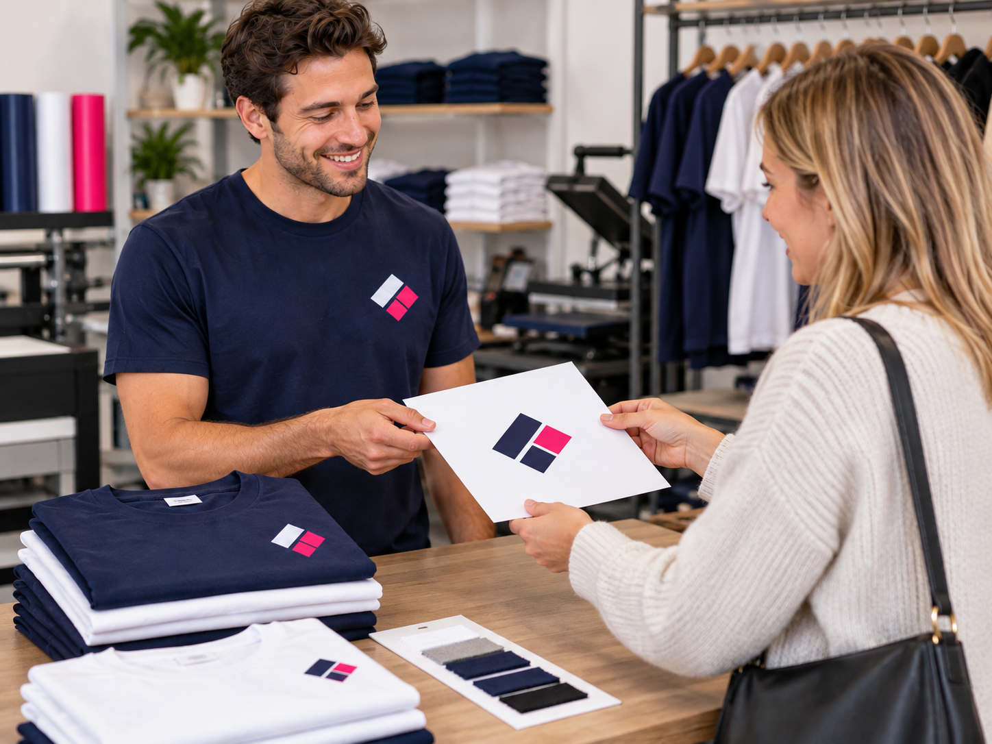 Customer reviewing a logo proof for branded T-shirts at a print counter