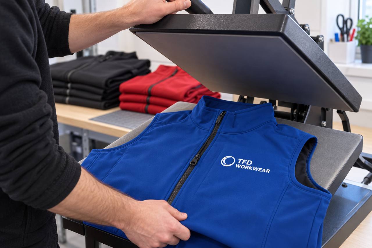 Representative heat-applied branding setup for a blue softshell bodywarmer