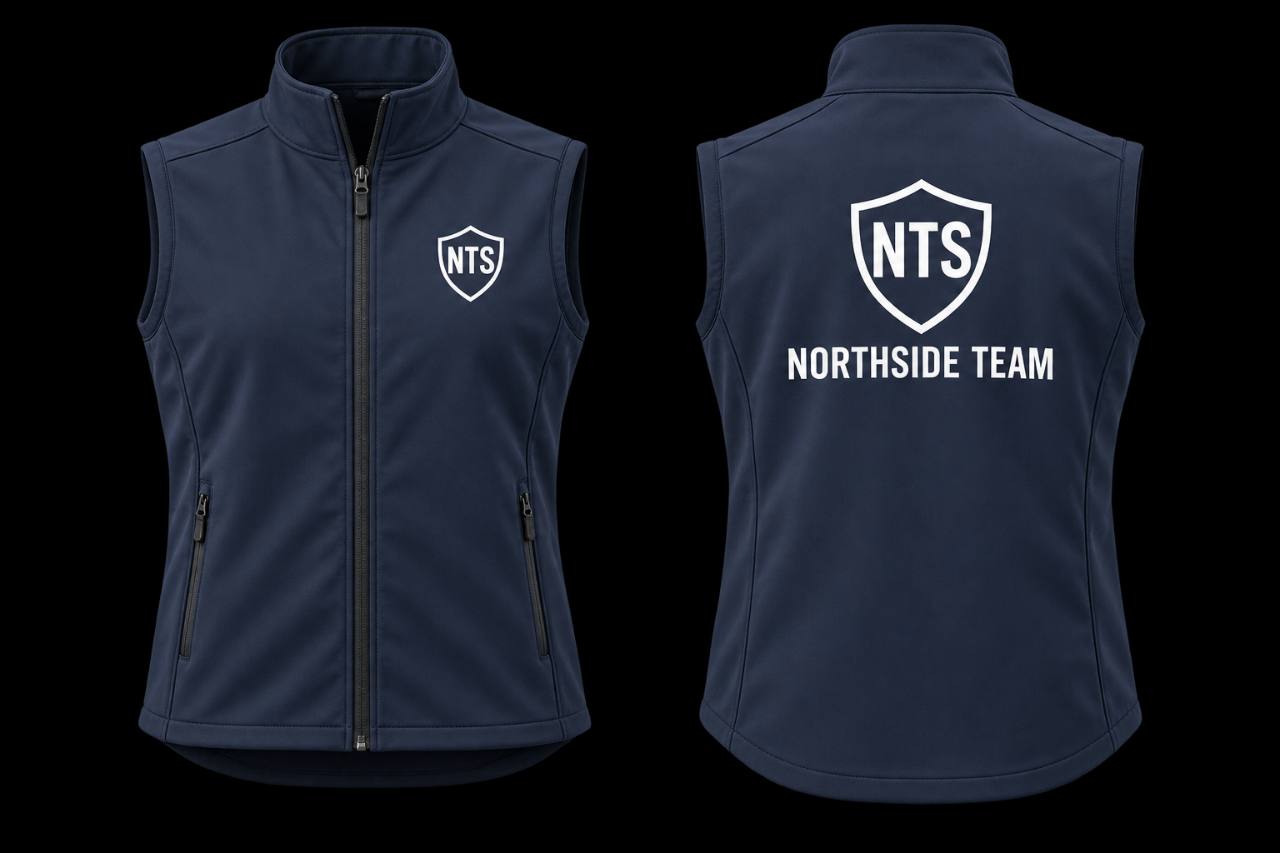 Representative front chest and larger back branding positions on a navy bodywarmer
