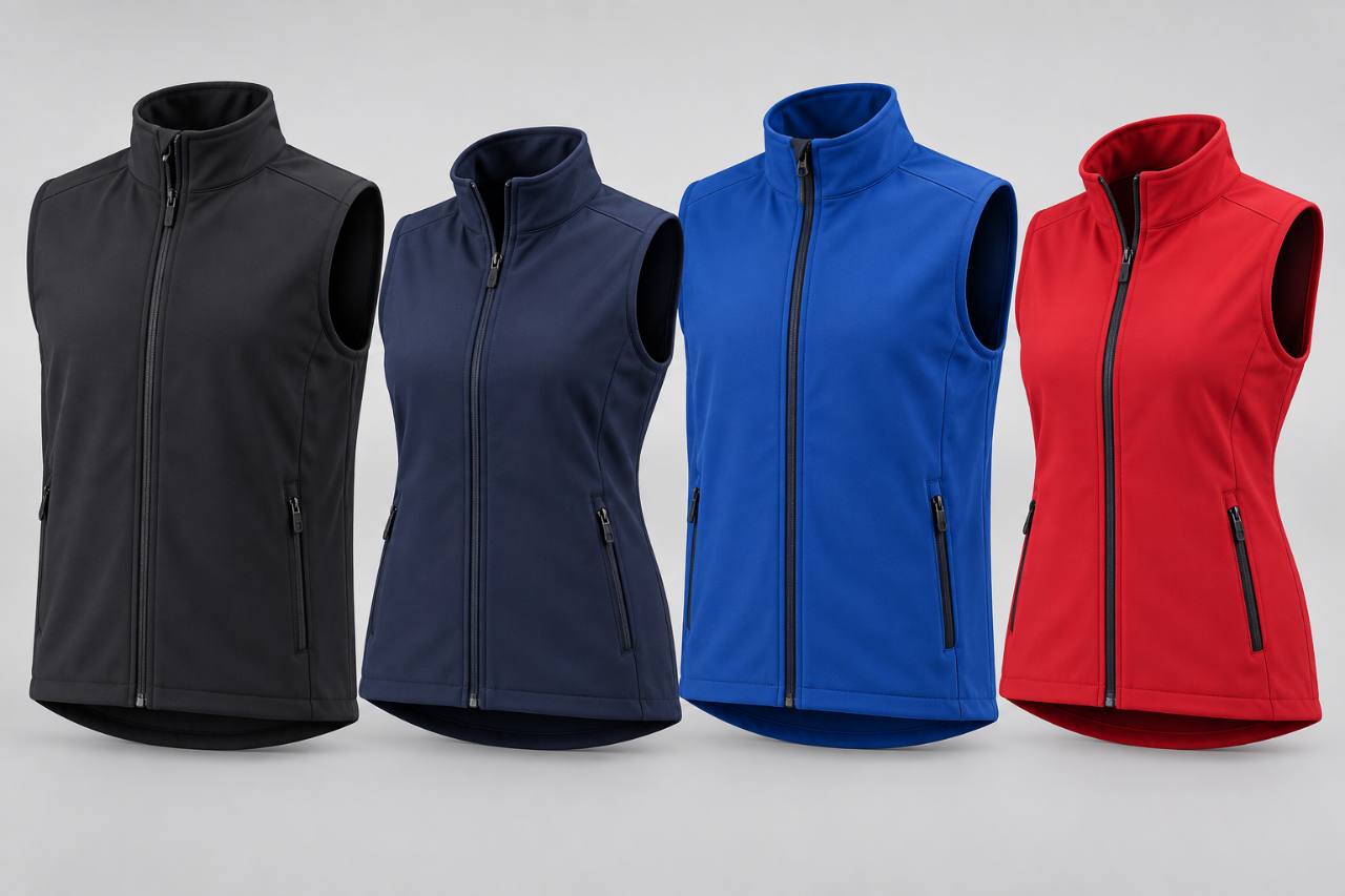 Softshell bodywarmers shown in black, French navy, royal blue and red