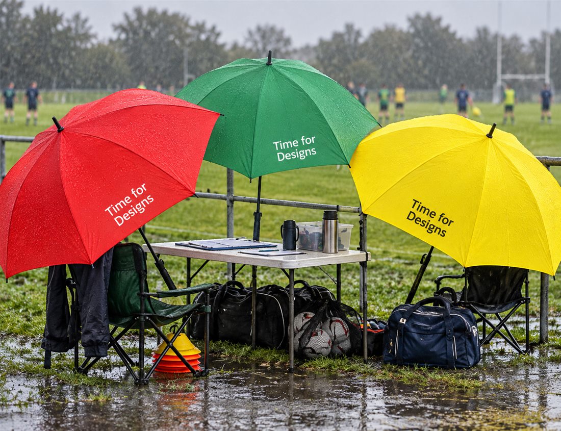 Branded golf umbrellas being used by golfers on a wet golf course