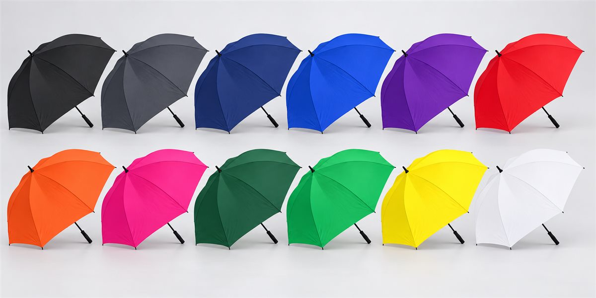 Range of golf umbrella colours including black, navy, blue, red, green, yellow, orange, pink, purple and white