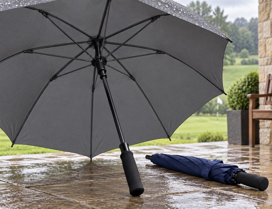 Underside of a large golf umbrella showing the ribs, central shaft and foam handle