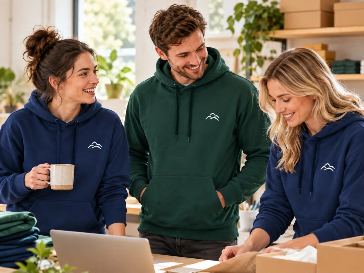 A small business team wearing navy and green branded hoodies