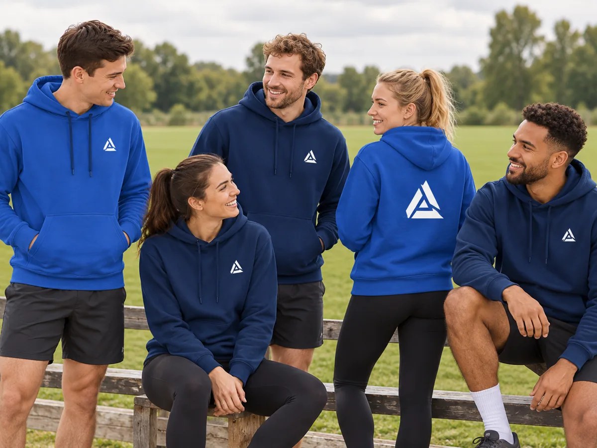 A sports club group wearing blue branded hoodies