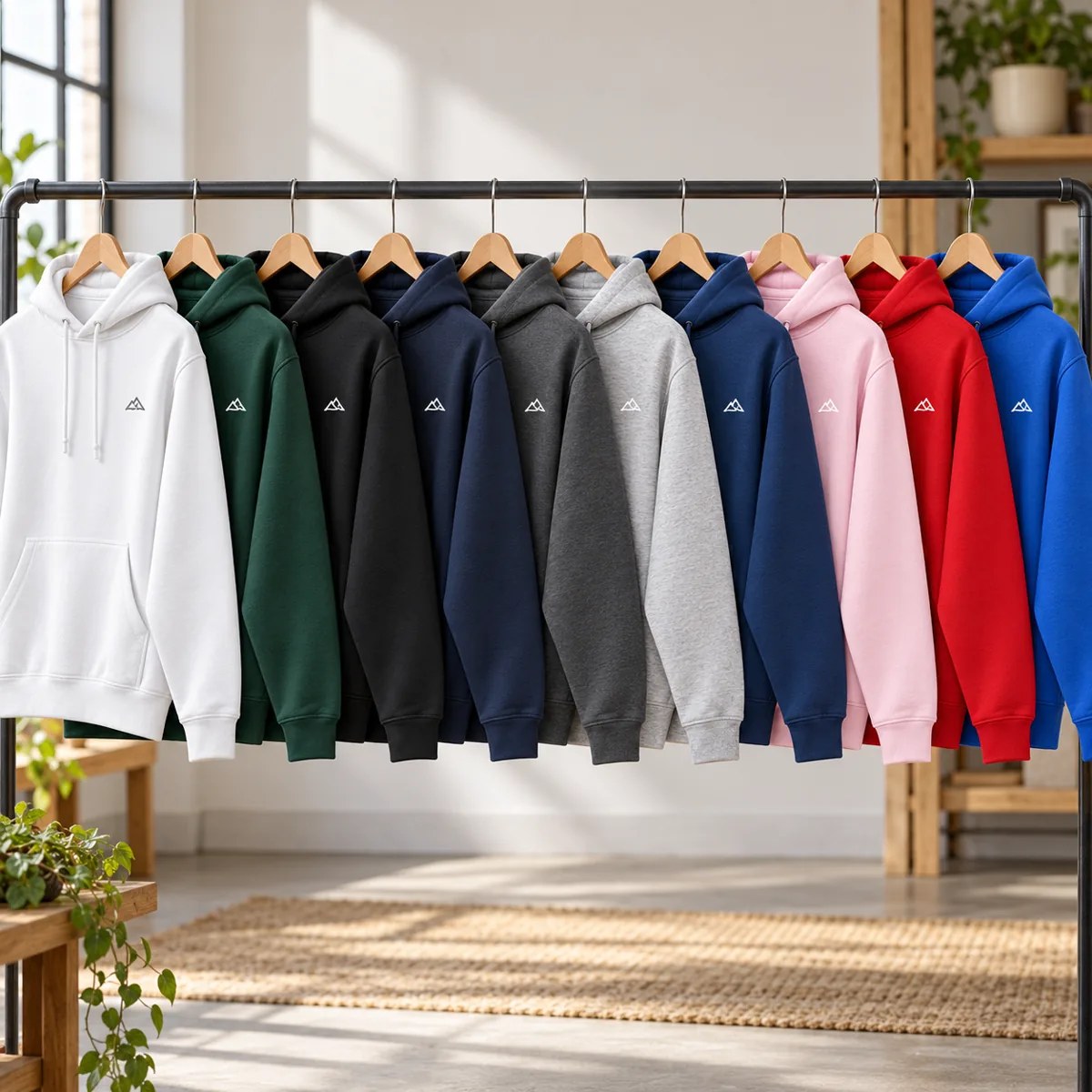A row of pullover hoodies shown in a selection of colours