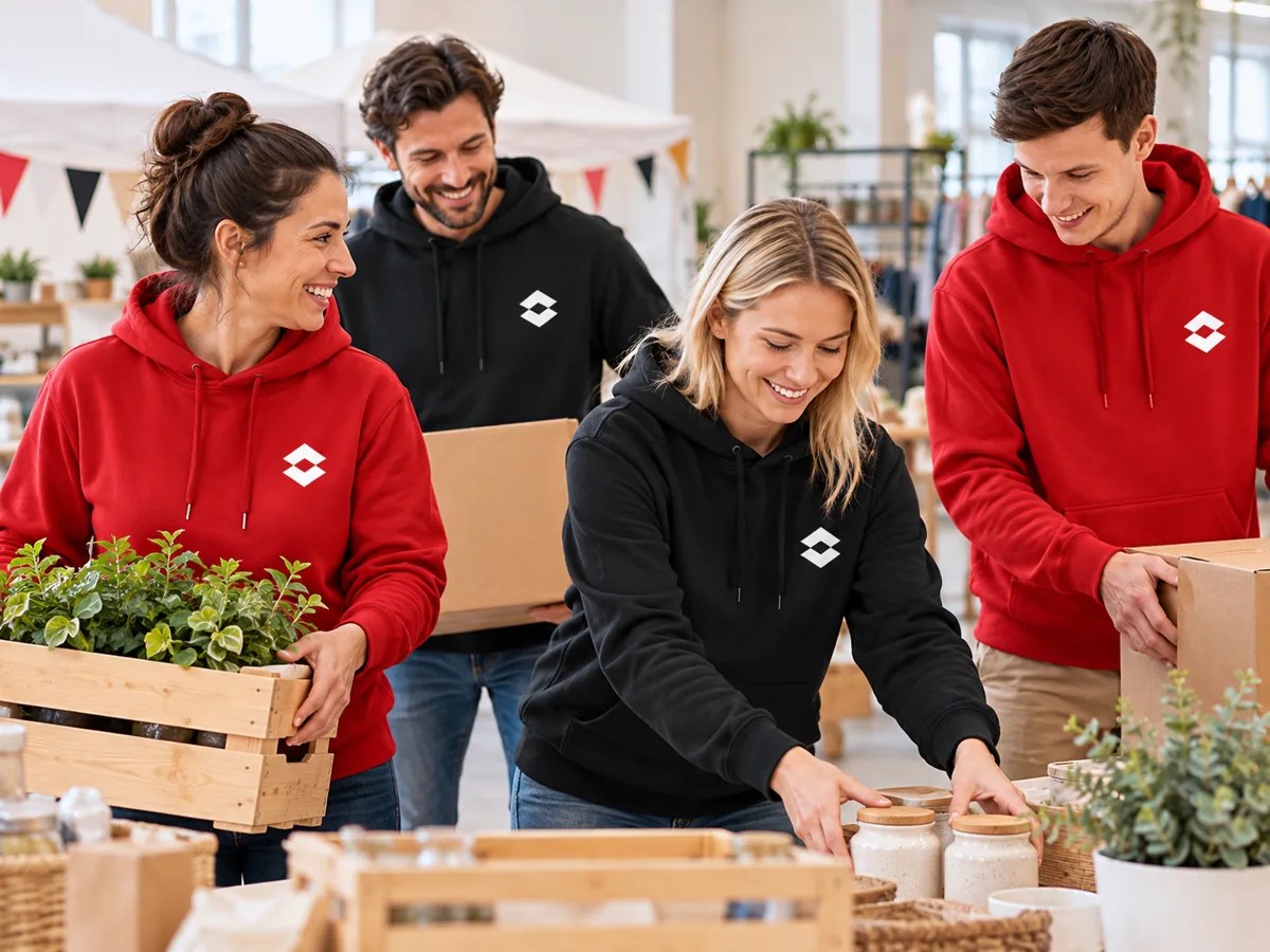 An event team wearing red and black branded hoodies