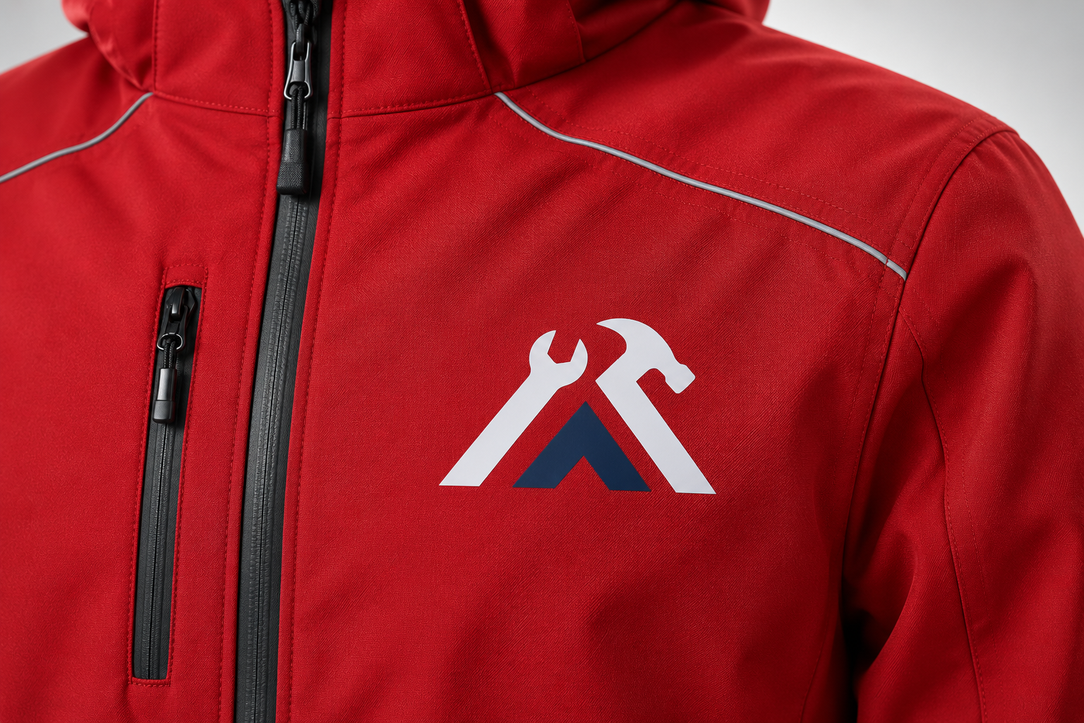 Close view of a printed logo position on a red softshell jacket
