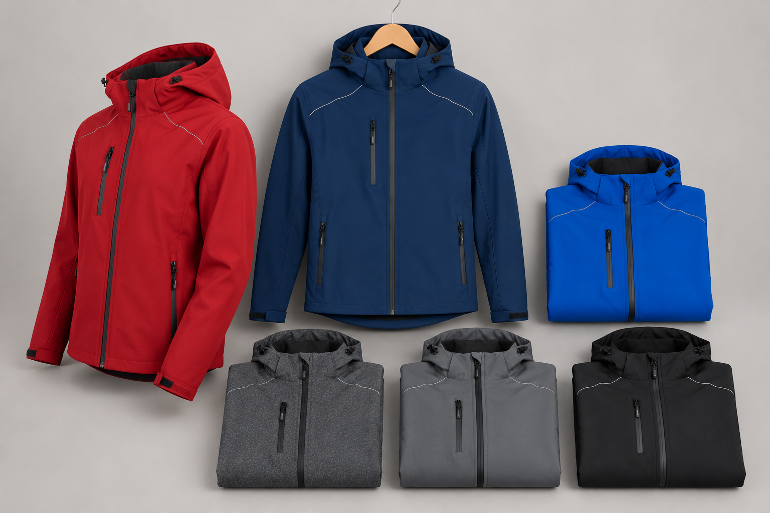 Softshell jackets shown in red, navy, royal blue, grey and black