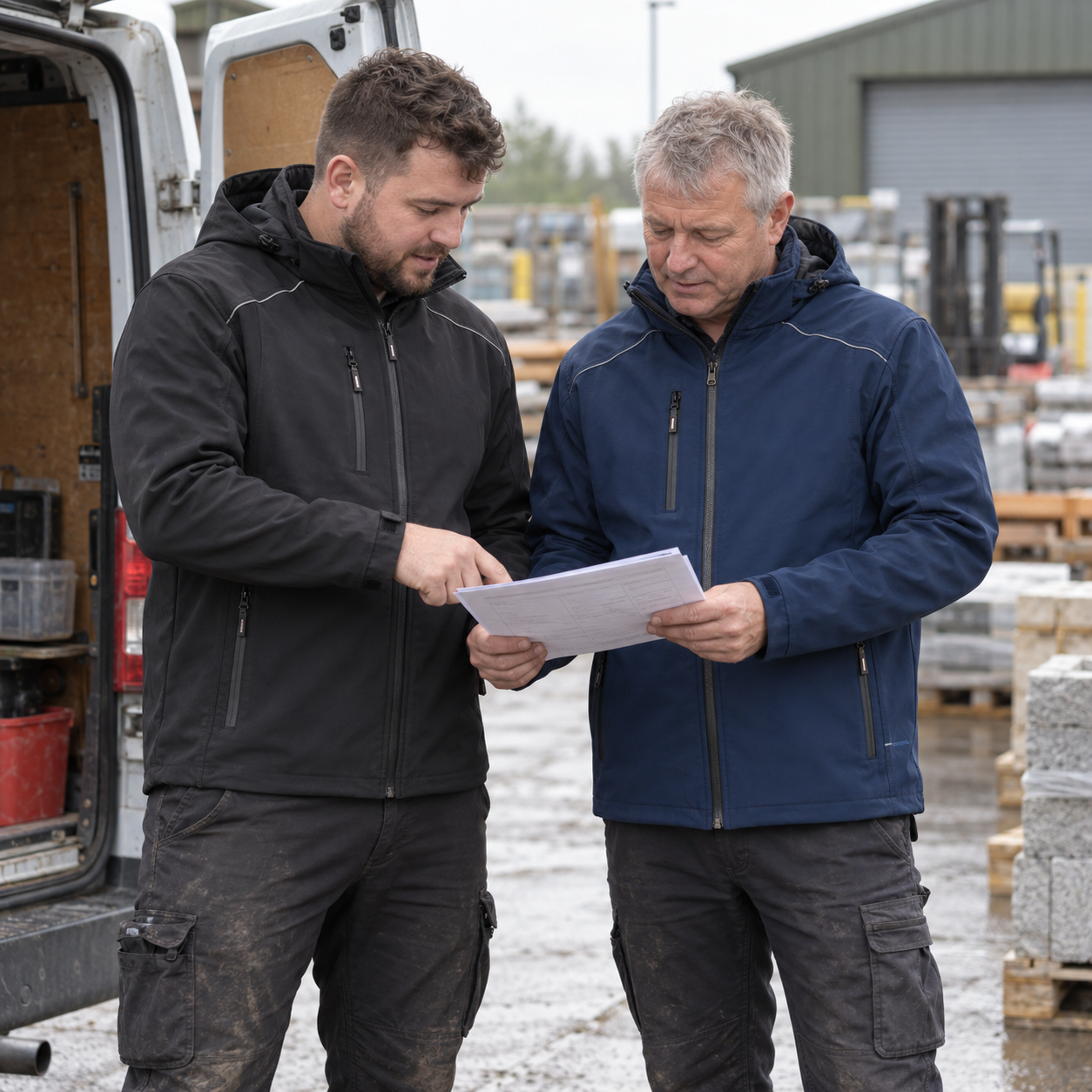 Trade team members wearing black and navy softshell jackets outdoors