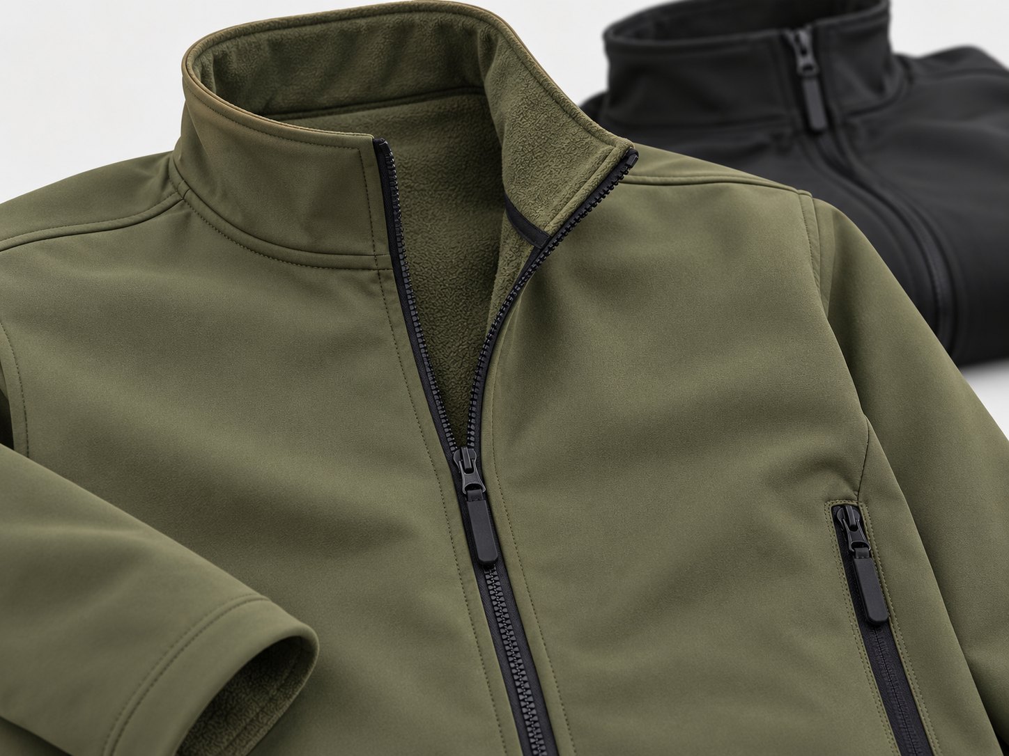 Representative close view of an army green softshell jacket collar, fleece inner and zipped pocket