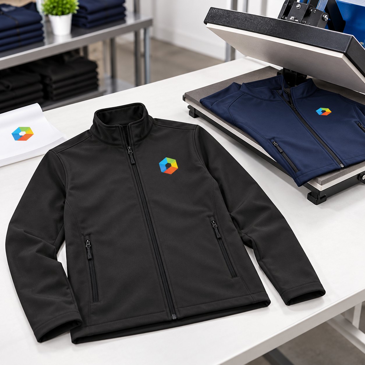 Representative softshell jacket branding setup with chest logos