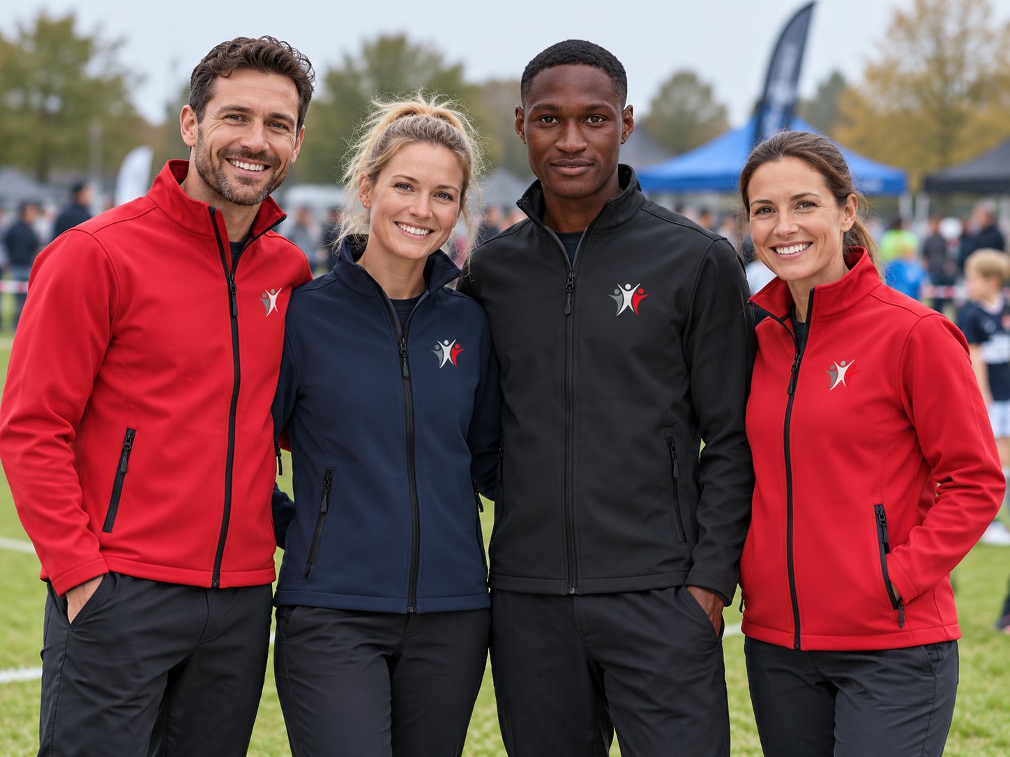 Representative coaches wearing coordinated branded softshell jackets