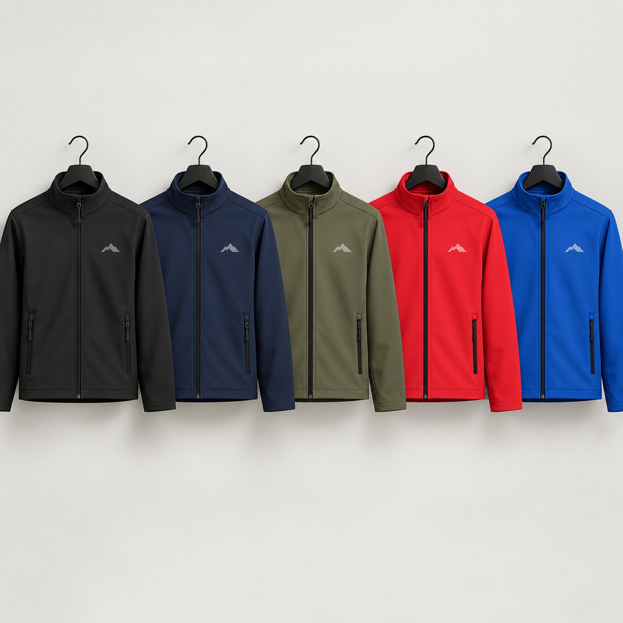Representative softshell jackets in black, navy, army, red and royal blue