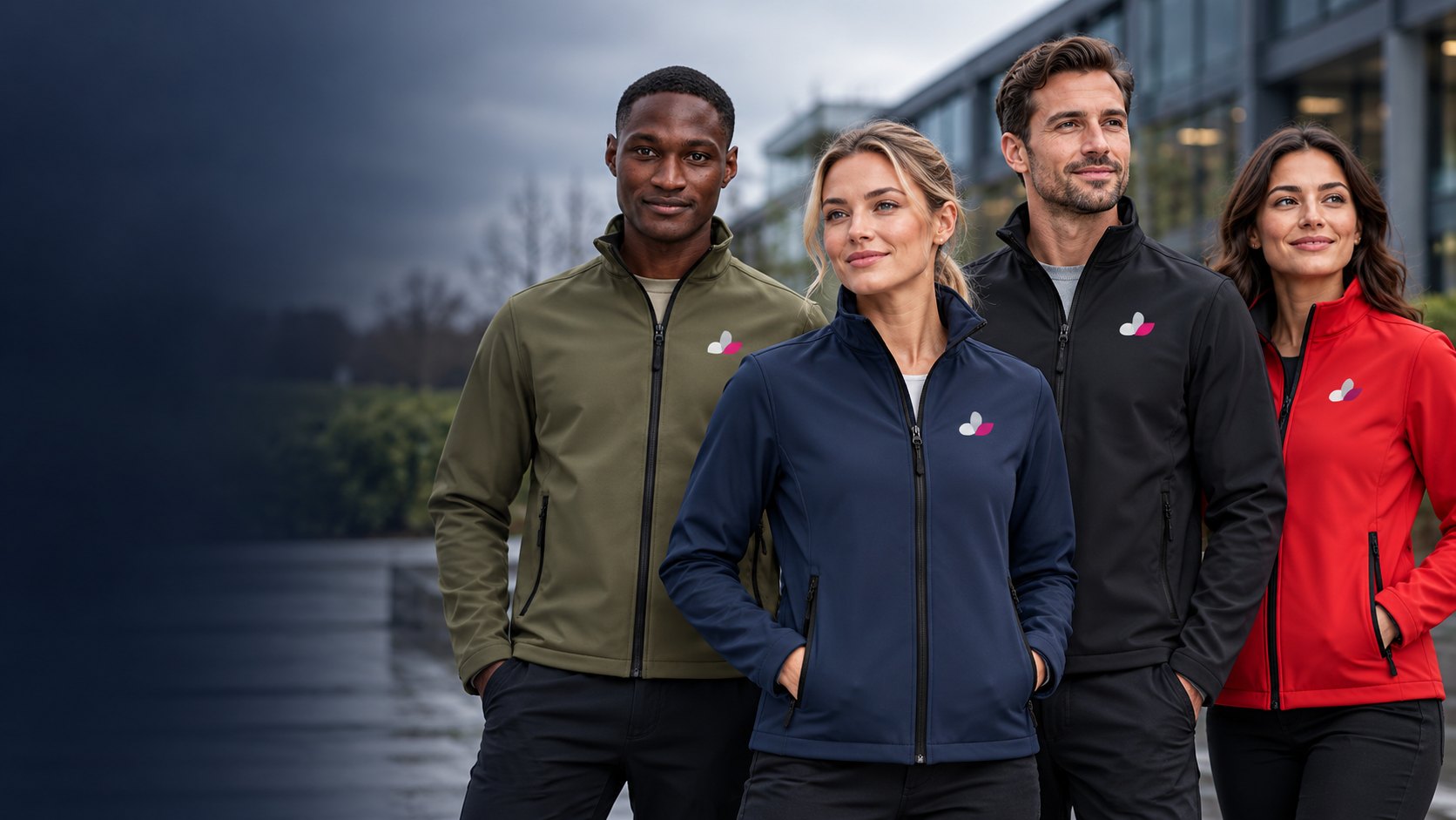 Representative team wearing personalised everyday softshell jackets