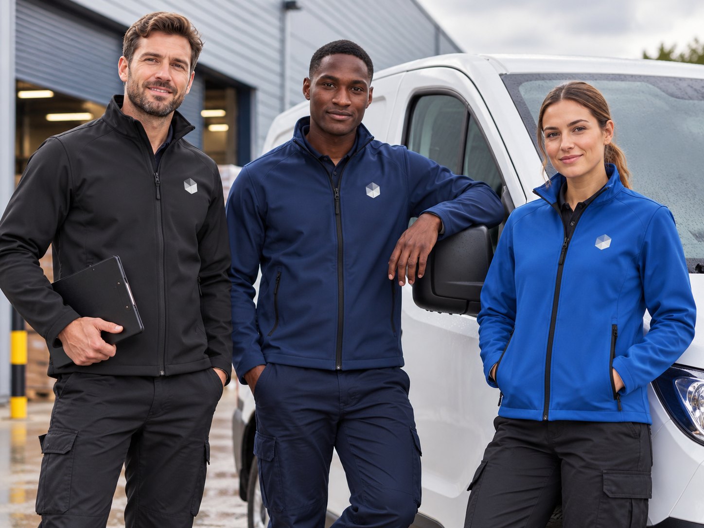 Representative trade team wearing coordinated branded softshell jackets