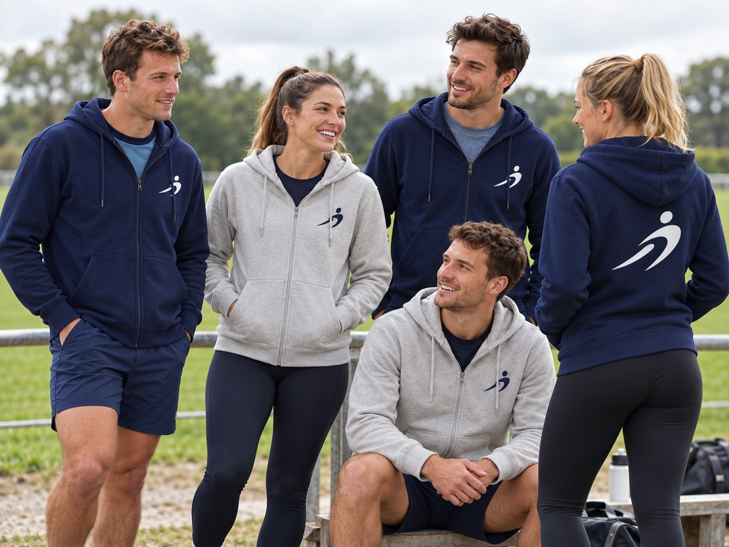A sports club group wearing navy and grey branded zip-up hoodies