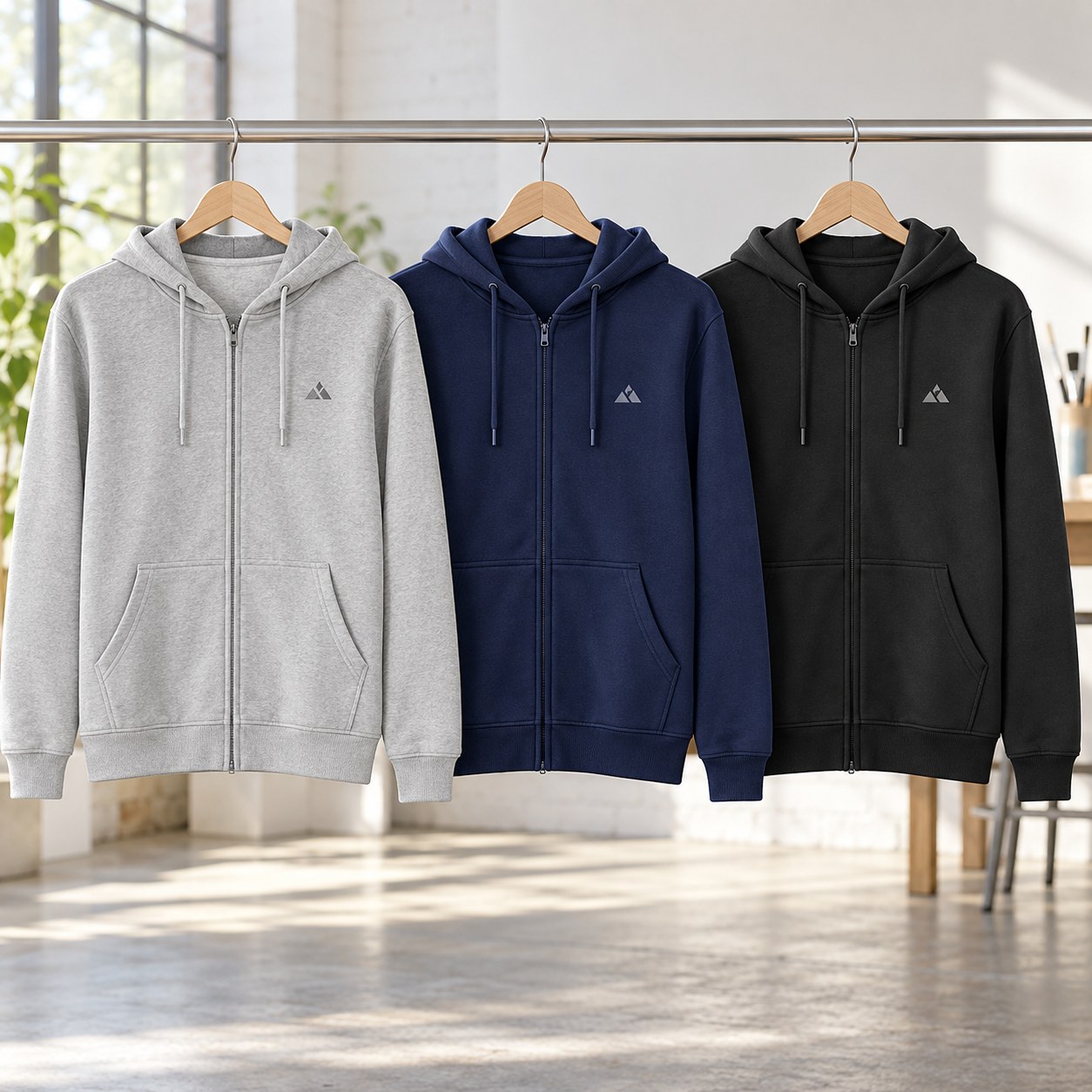 Grey, navy and black zip-up hoodies shown on hangers
