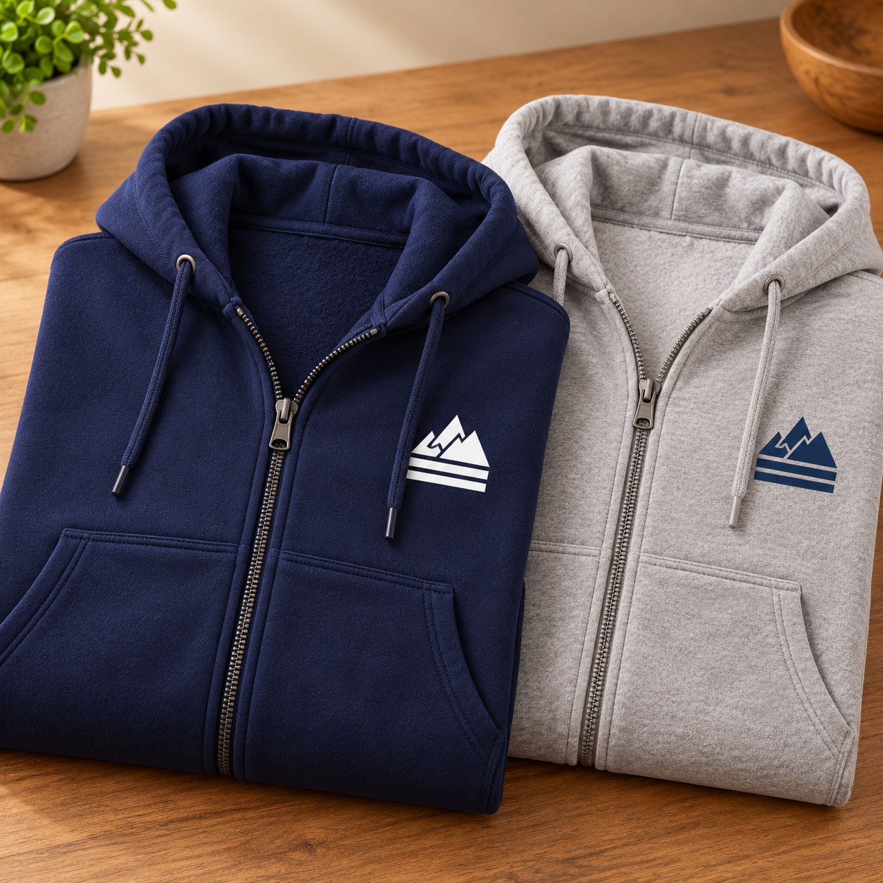 Navy and grey zip-up hoodies with example printed chest designs