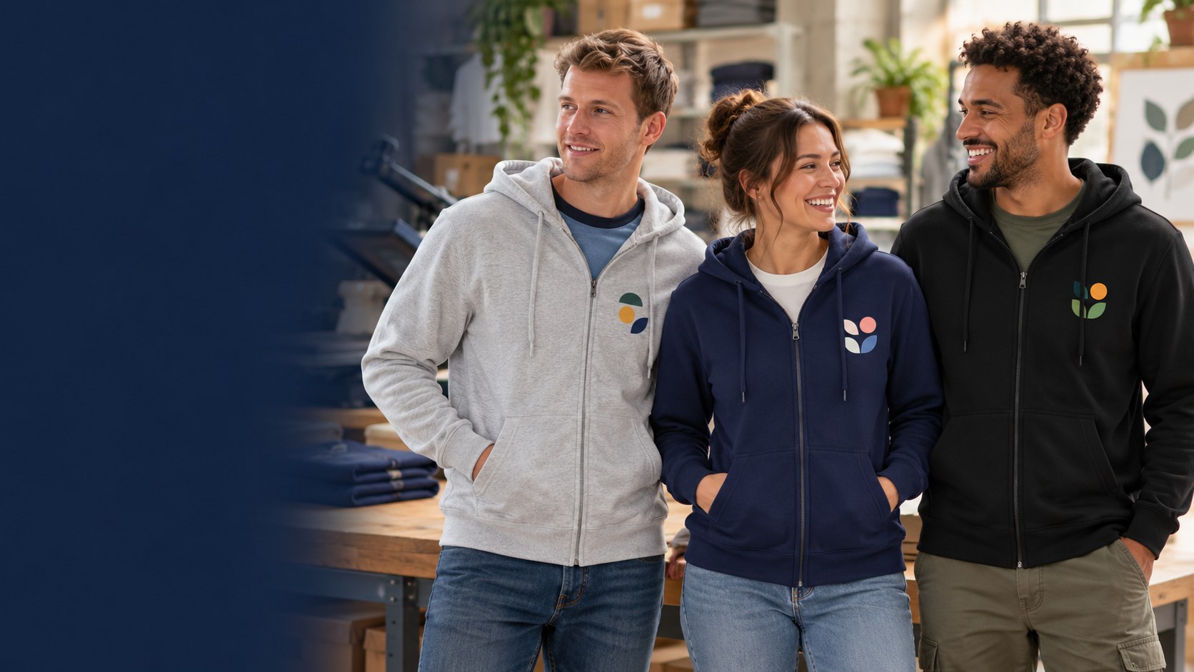 Team wearing printed zip-up hoodies
