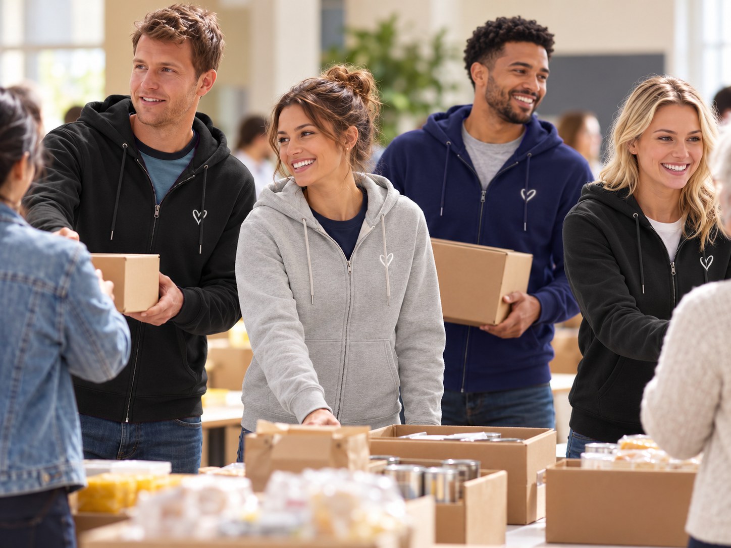 A volunteer team wearing black, grey and navy branded zip-up hoodies
