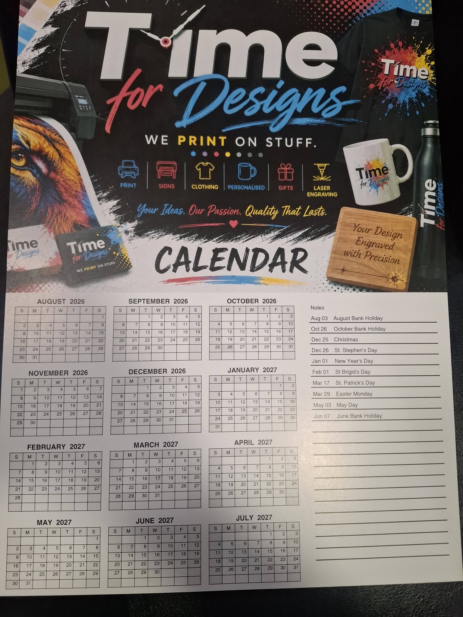 Branded business desk planner with a full-year overview and notes section