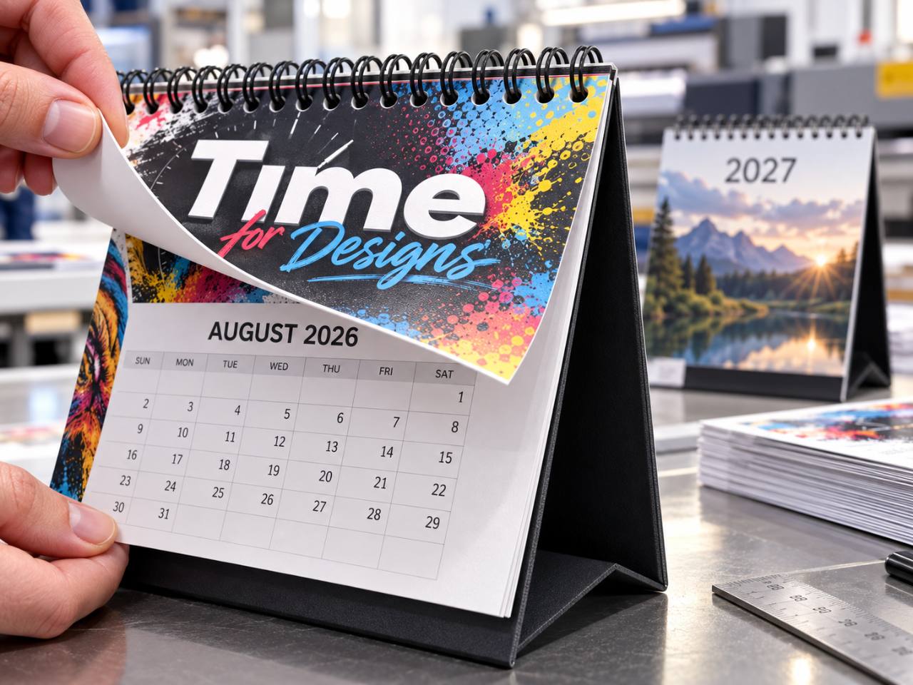 Representative wire-bound desk calendar print and finishing example