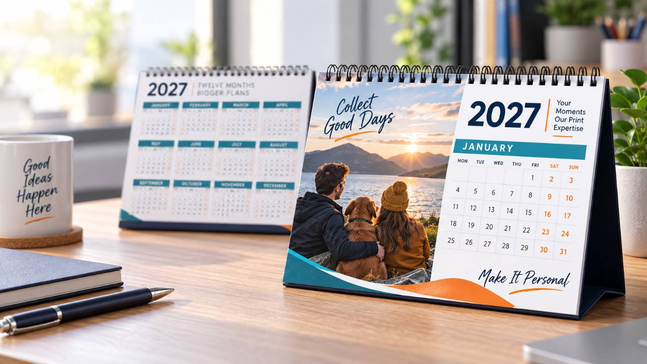 Representative personalised 2027 desk calendar in a home office setting