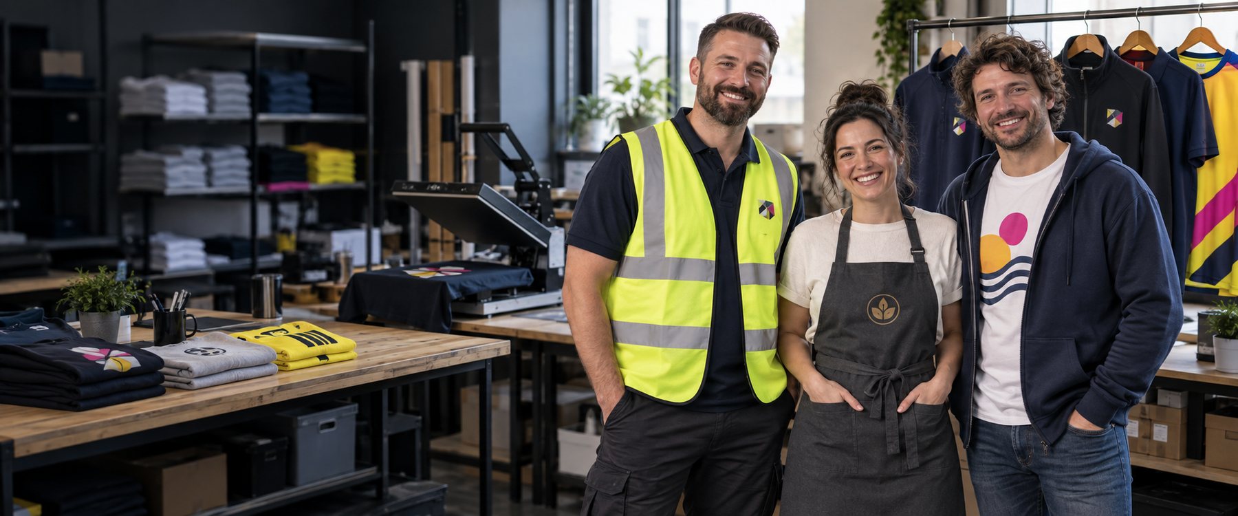 Branded apron shown with a range of printed staff clothing