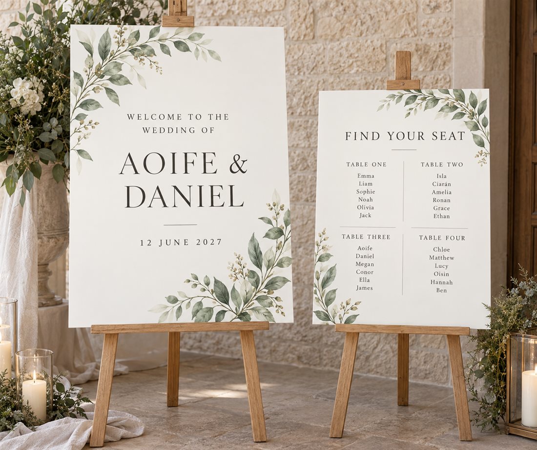 Botanical Sage wedding welcome sign and table plan design concept