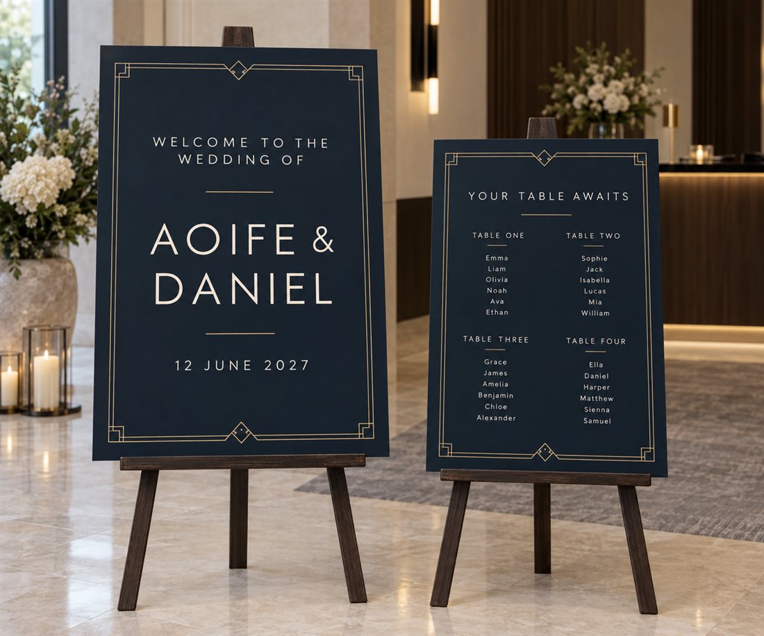 Modern Navy and Gold wedding welcome sign and table plan design concept