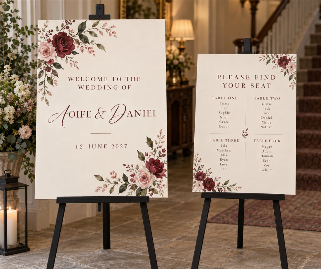 Romantic Burgundy wedding welcome sign and table plan design concept