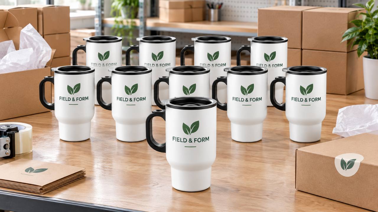 Representative group of white 14oz travel mugs printed with a business logo