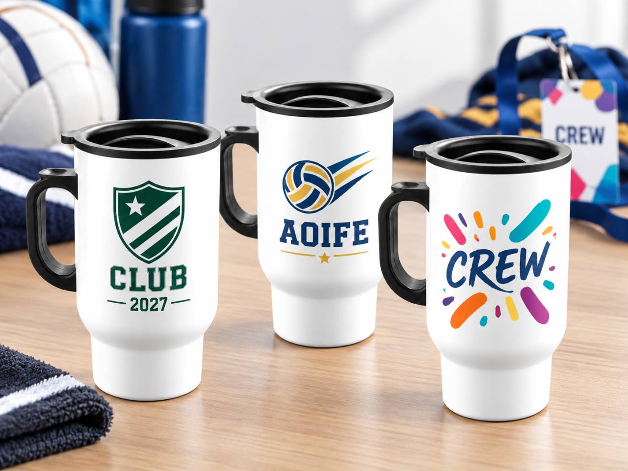 Representative personalised 14oz travel mugs for a club, named player and event crew