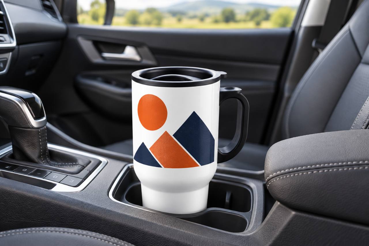 Representative personalised white 14oz travel mug shown in a car travel setting