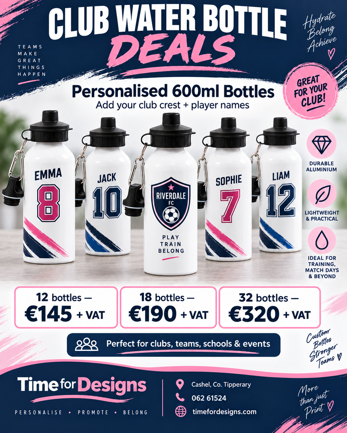 Club water bottle deal for personalised 600ml aluminium bottles with a club crest and player names