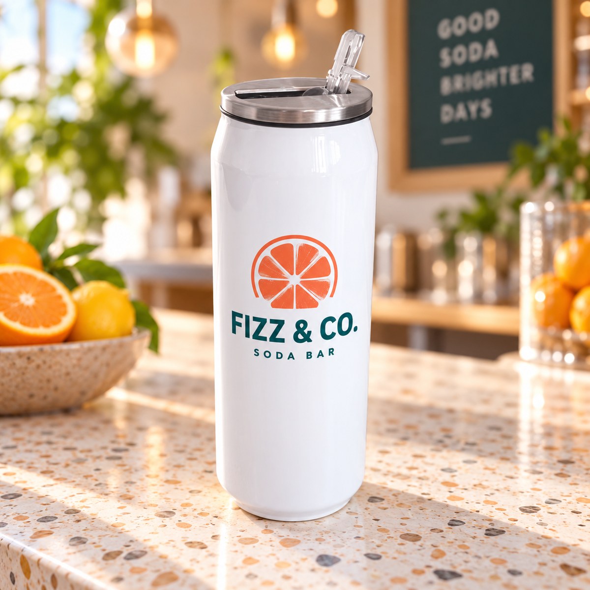 Personalised 425ml White Drinks-Can Bottle with a personalised logo design
