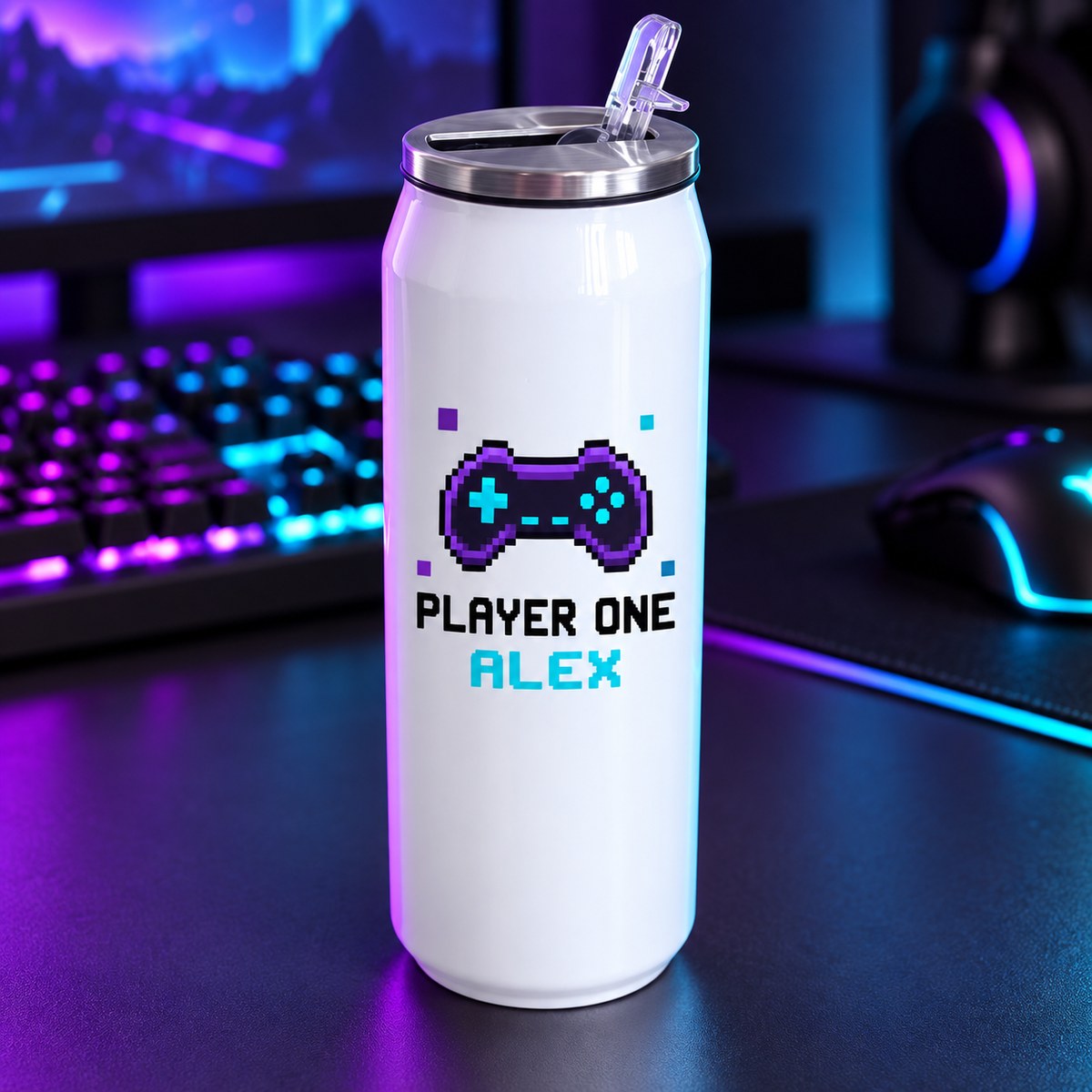 Personalised 425ml White Drinks-Can Bottle with a personalised crest or image design