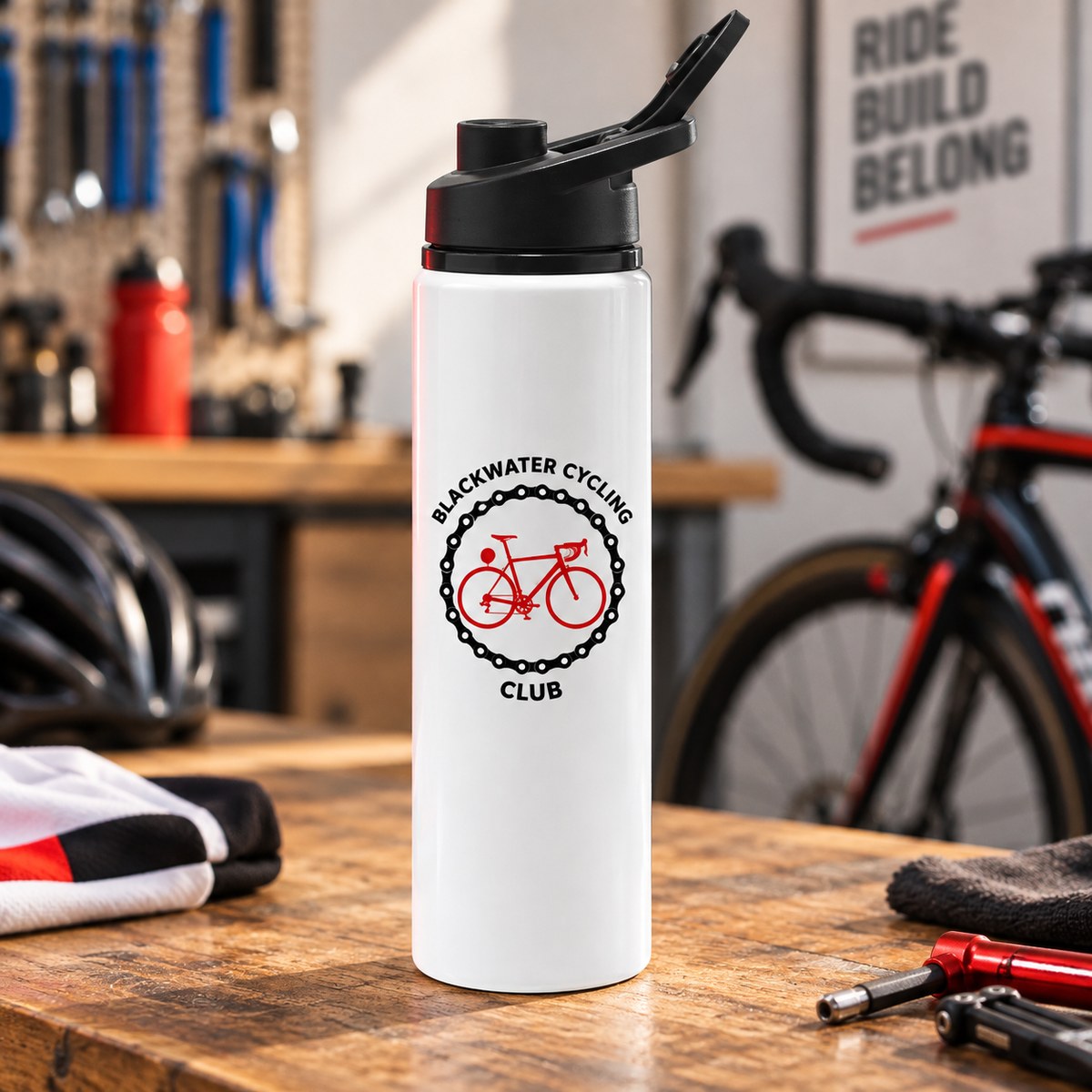 Personalised 750ml White Aluminium Flip-Top Bottle with a personalised logo design