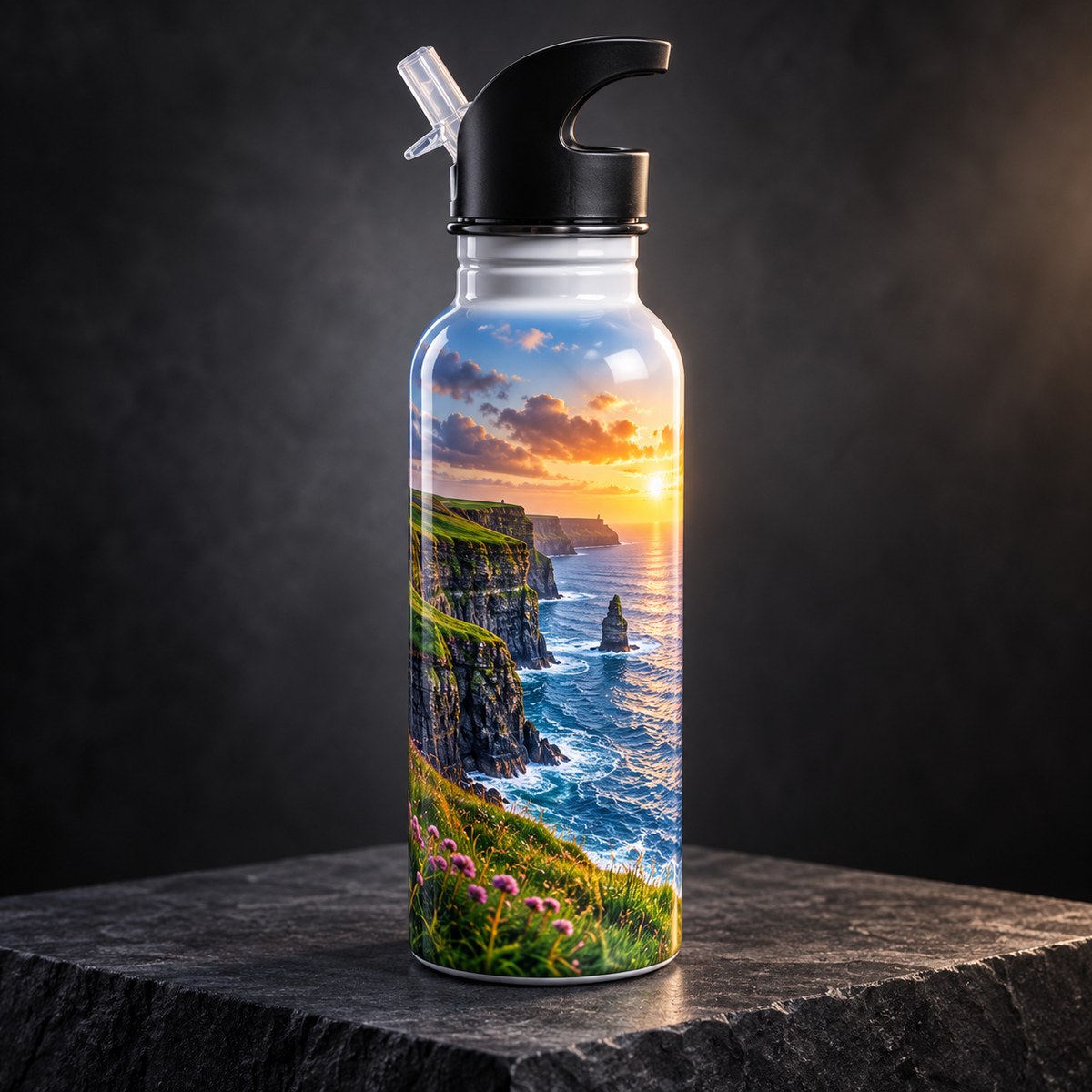 Personalised 600ml White Stainless-Steel Slim-Neck Bottle with a personalised crest or image design