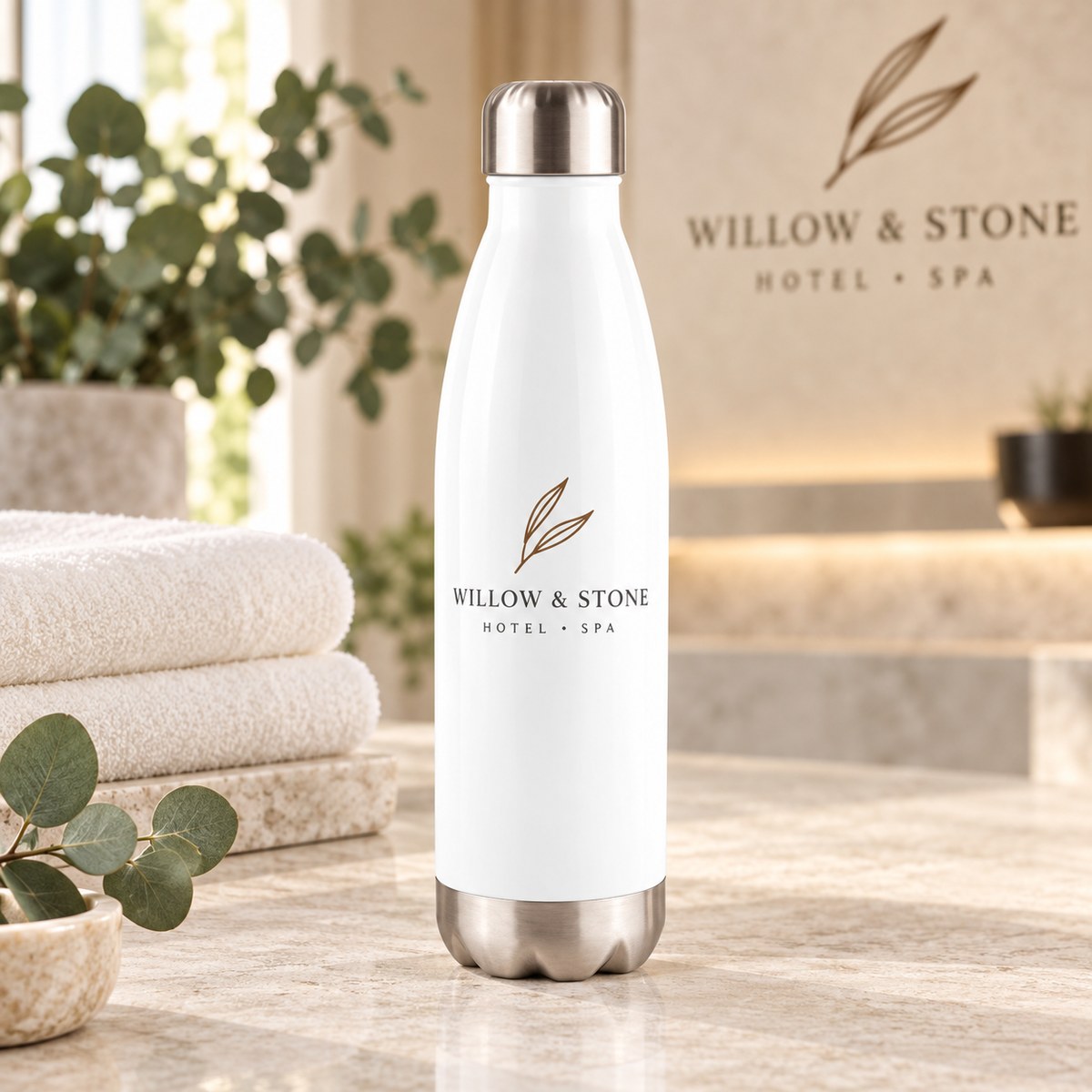 Personalised 500ml White Stainless-Steel Tapered Bottle with a personalised logo design