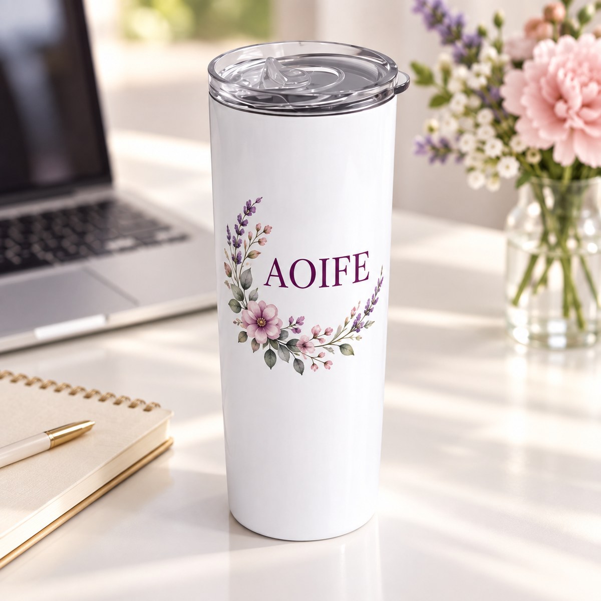 Personalised 20oz White Stainless-Steel Tumbler with personalised artwork