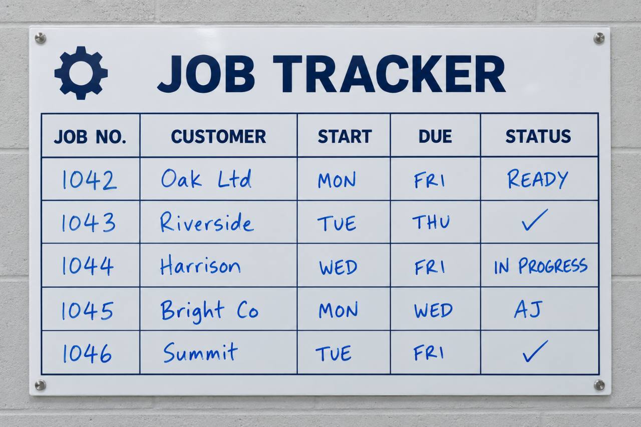 Representative custom job tracker dry-wipe board for a business workshop