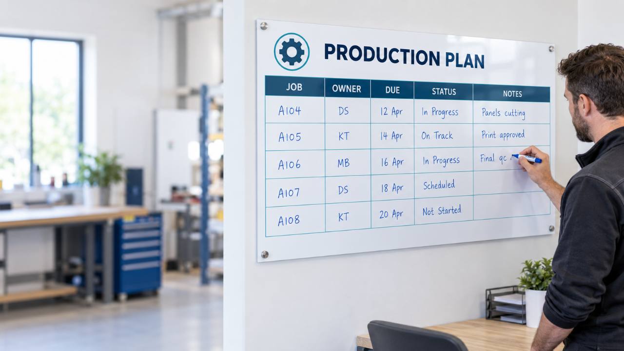 Representative production planning dry-wipe board used in a workshop office