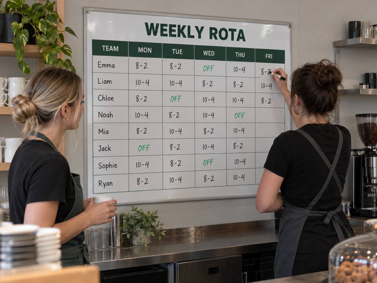 Representative weekly staff rota dry-wipe board in a café setting